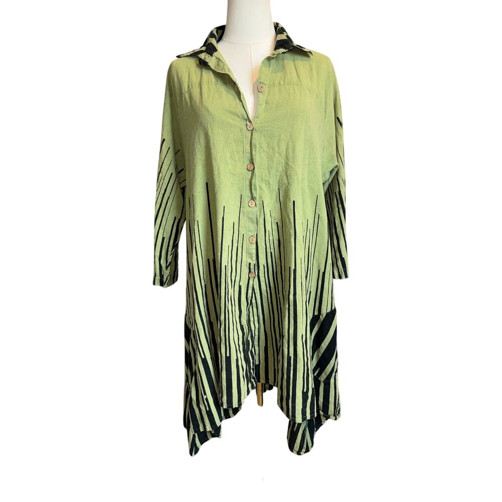 BELMA One Size 100% Cotton Green Black Abstract Stripe Button Front Tunic Dress